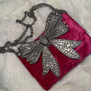 Crystal Bow Pink Velvet Crossbody Bag